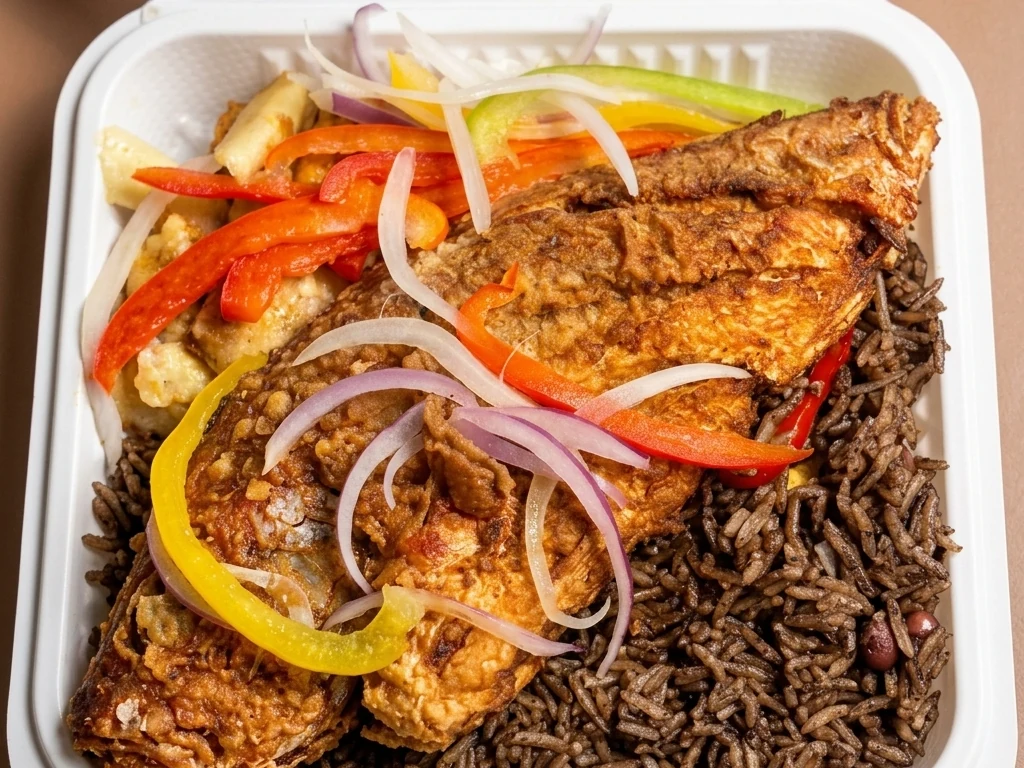 Fish (red snapper) and rice djondjon at Caribbean Latino Finger Licking Restaurant Edmonton