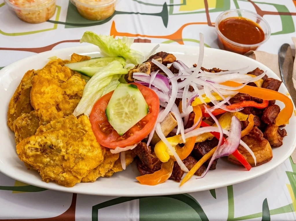 Haitian fritay with fried plantain, cassava and fried meat at Caribbean Latino Finger Licking Restaurant Edmonton