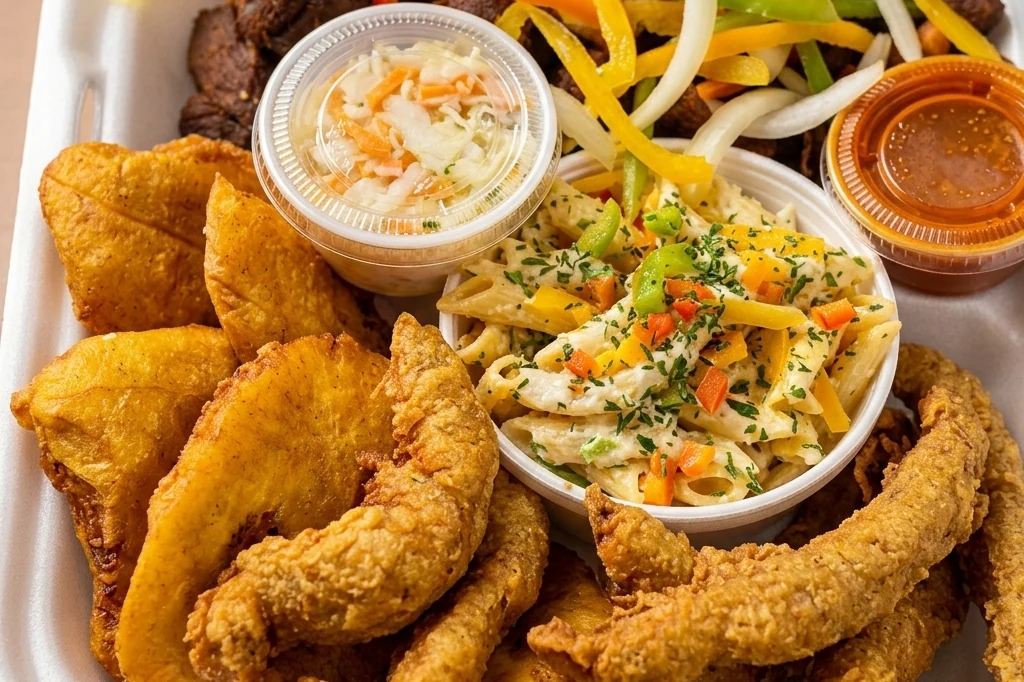 Haitian fritay with fried plantain, fried cassava and fried meat at Caribbean Latino Finger Licking Restaurant Edmonton